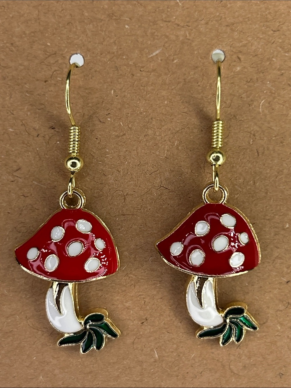 Red Mushroom Drop Earrings Gold Tone Fashion Jewelry